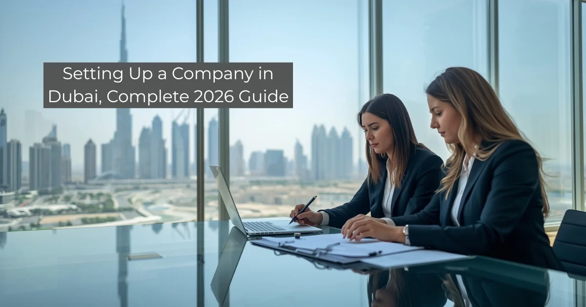 Image of setting up a company in Dubai with a modern skyline and business professionals.