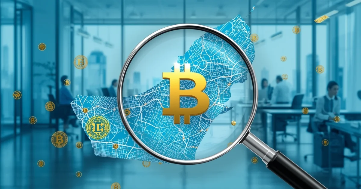 Illustration of a trademark search in UAE with a magnifying glass on the brand logo and UAE map background.