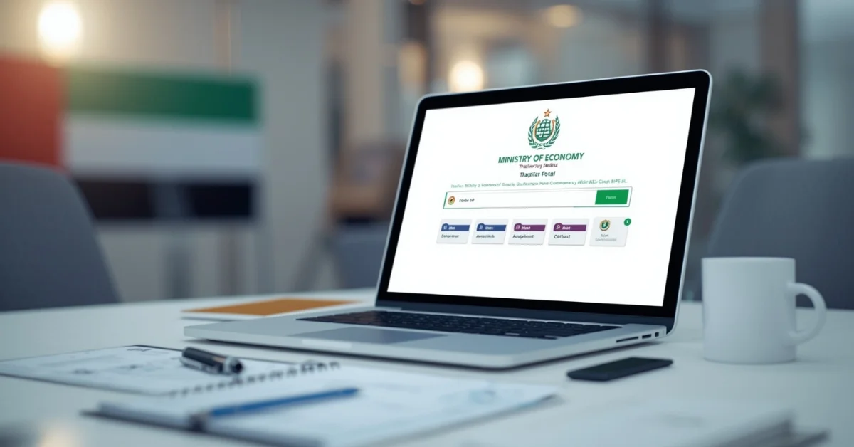Image of a professional UAE trademark search being conducted on a laptop with documents and UAE flag in a modern office setting.