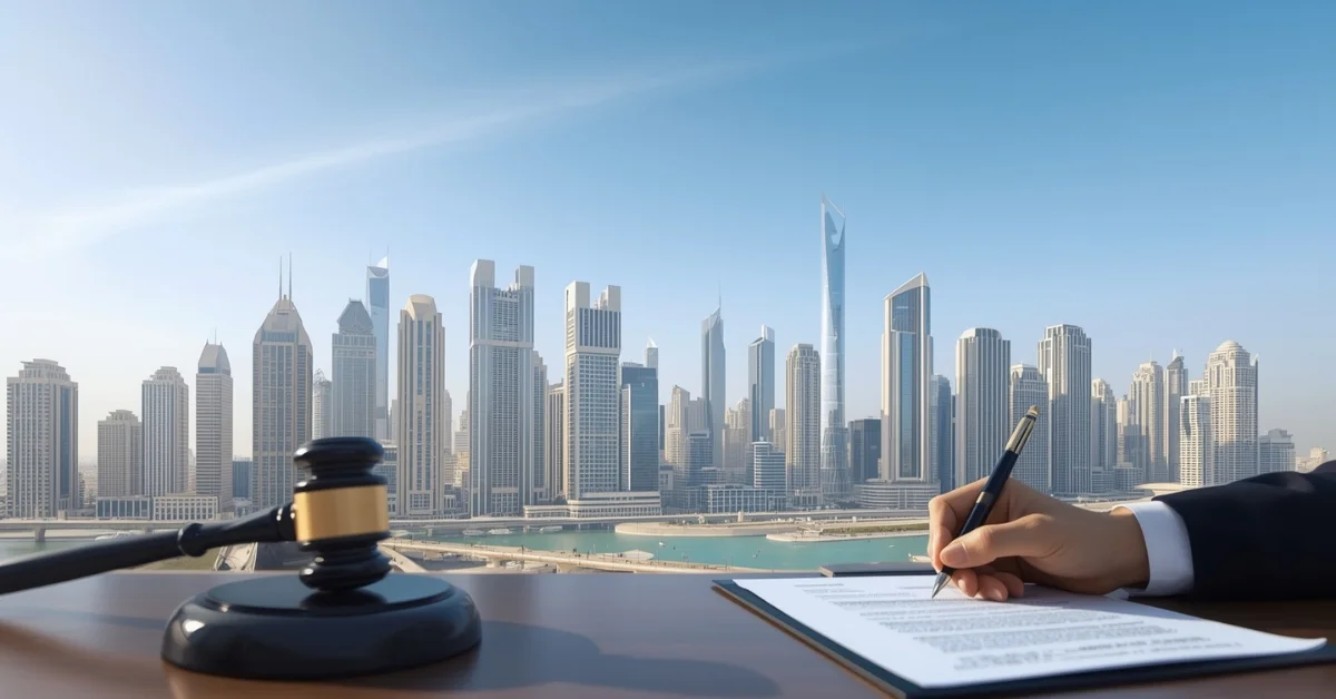 Image of Modern UAE free zones and legal documents representing trust registration in Dubai and Abu Dhabi