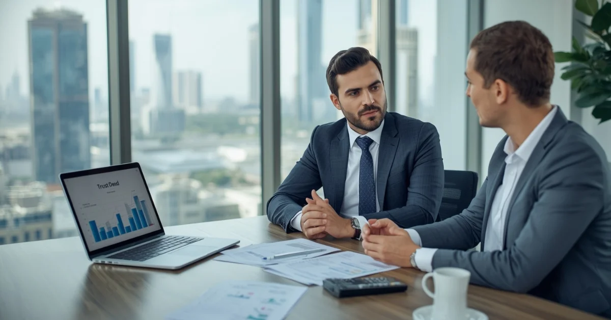 Image of a consultant explaining trust registration costs in a UAE office with documents and a skyline view.
