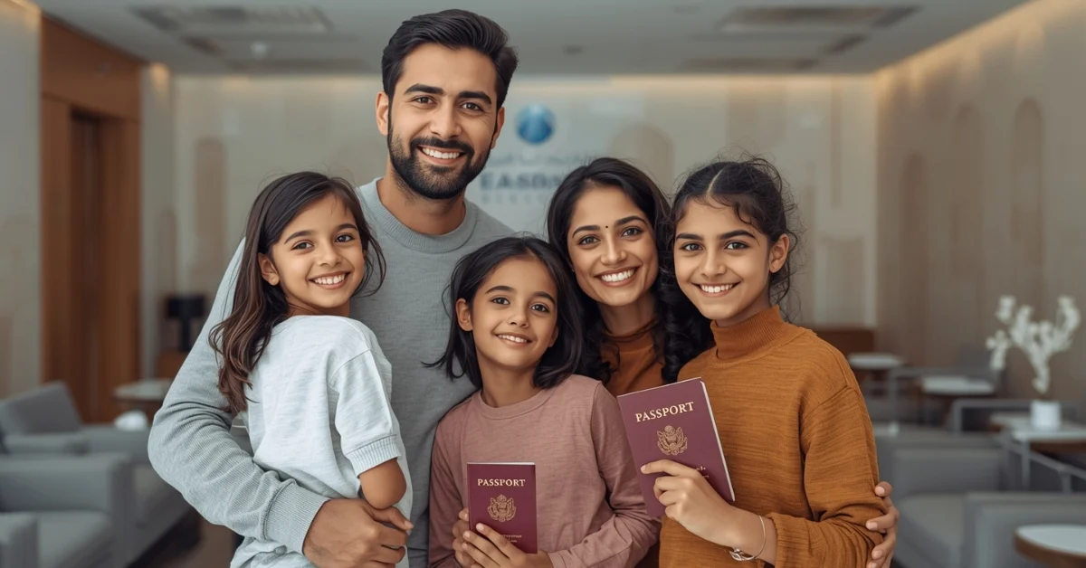 Image of a family completing UAE Residence Visa process at a Dubai service center.