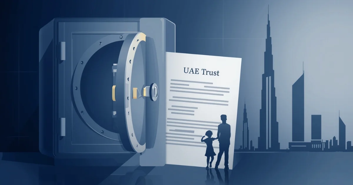 Image of UAE trust setup concept with secure vault and Dubai skyline