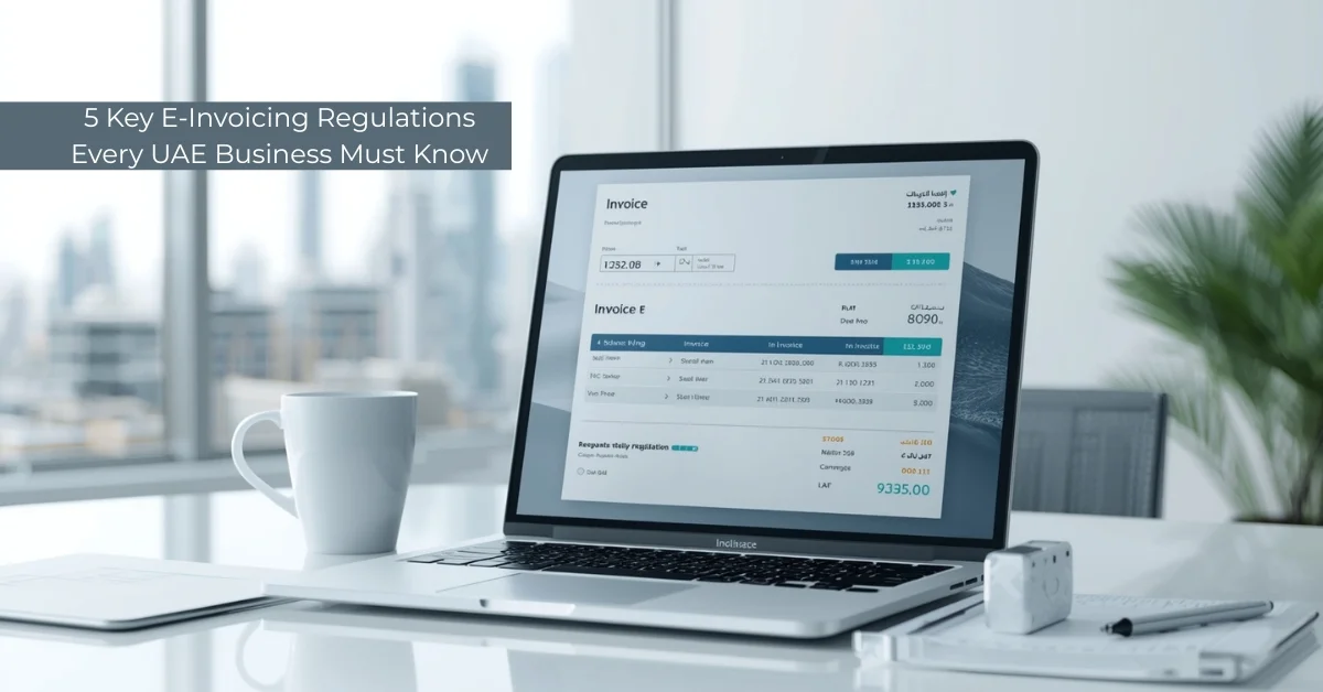 Image of a laptop screen showing an e-invoice with the text overlay "5 Key E-Invoicing Regulations Every UAE Business Must Know."