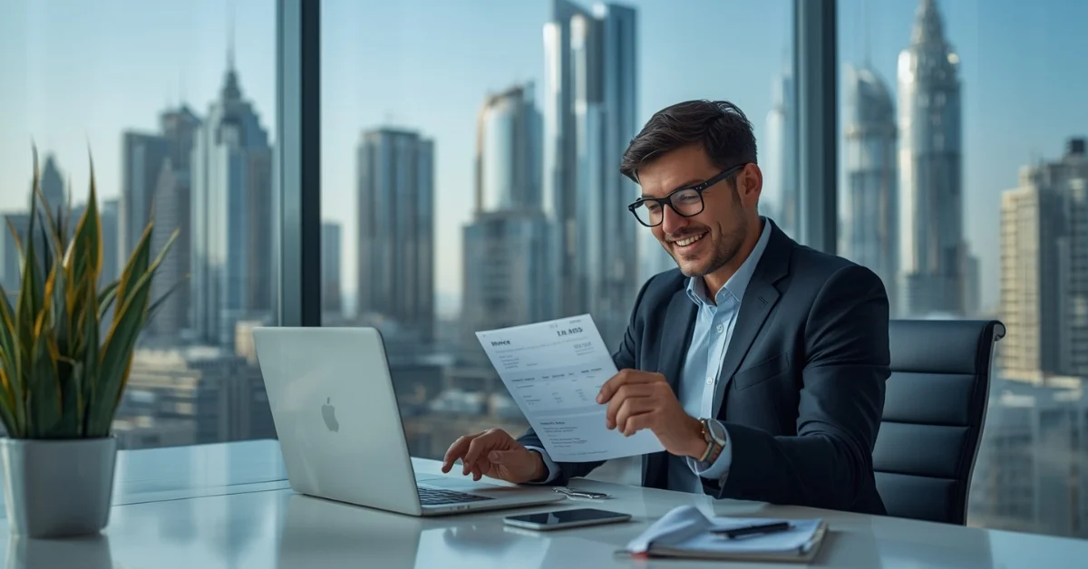 Image of a business owner reviewing e-invoicing system in UAE for VAT compliance