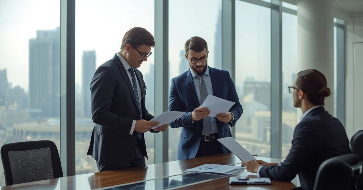 Image of LLC company formation in Dubai with business owners meeting a consultant in a modern office.