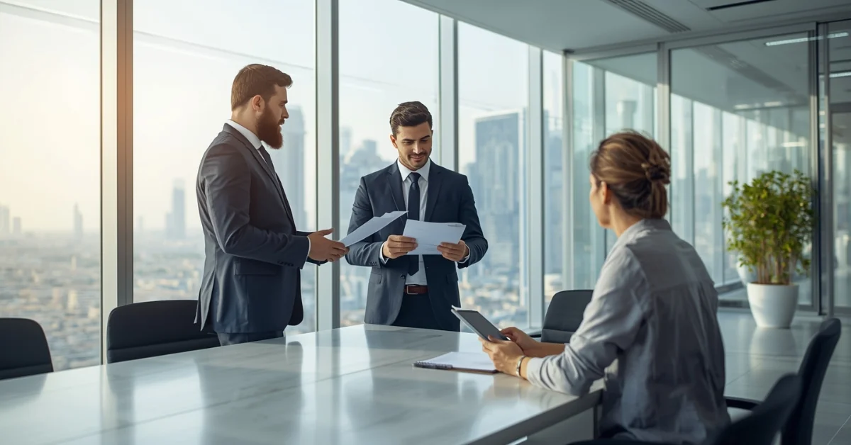 Image of RAK Free Zone company formation with entrepreneurs meeting a business consultant in a modern office with Ras Al Khaimah skyline in the background