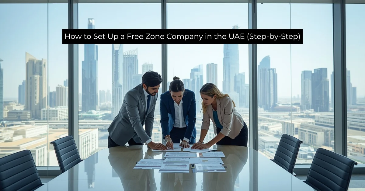 Image of three professionals reviewing documents in a high-rise office with the text: "How to Set Up a Free Zone Company in the UAE (Step-by-Step).