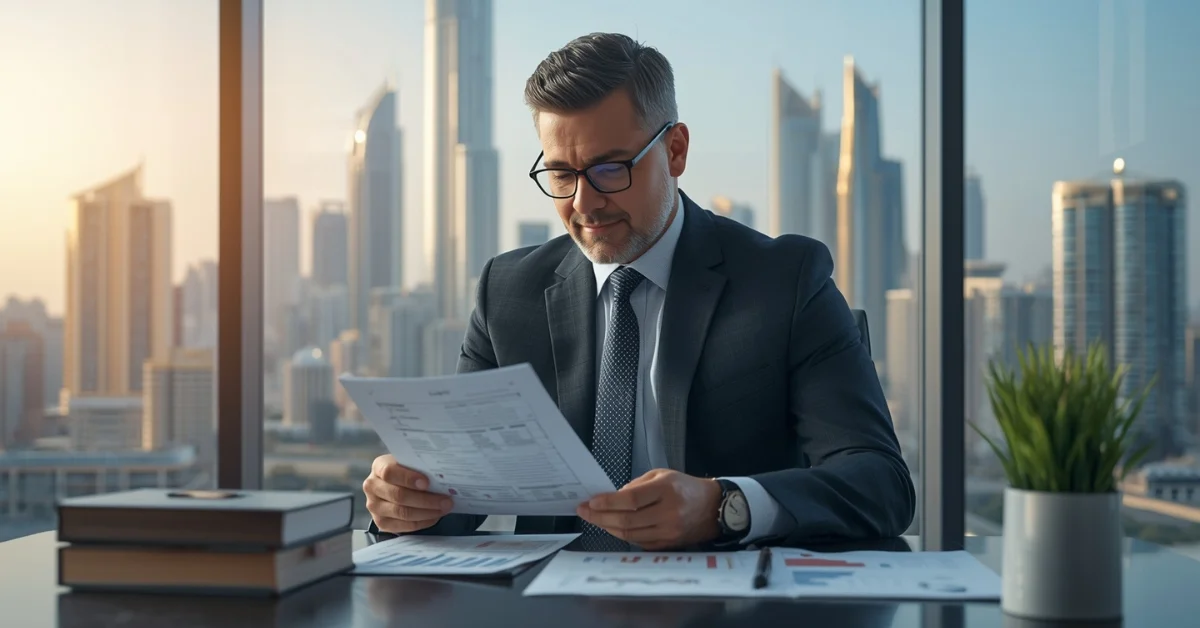 Image of a business professional reviewing UAE trust documents with Dubai skyline, symbolizing global wealth protection and growth.