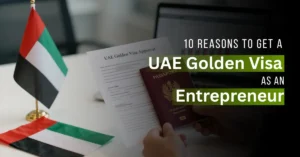 A successful entrepreneur in a Dubai office holding a UAE Golden Visa approval document and a passport, with the Dubai skyline and UAE flag in the background.