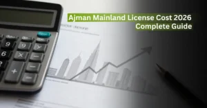 Ajman Mainland license cost 2026 complete guide featured image showing a calculator, business documents, Dubai skyline sketch, and upward growth arrow symbolizing business setup costs in UAE.