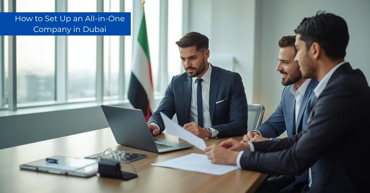 Image of Three businessmen in an office reviewing documents and a laptop, with a UAE flag