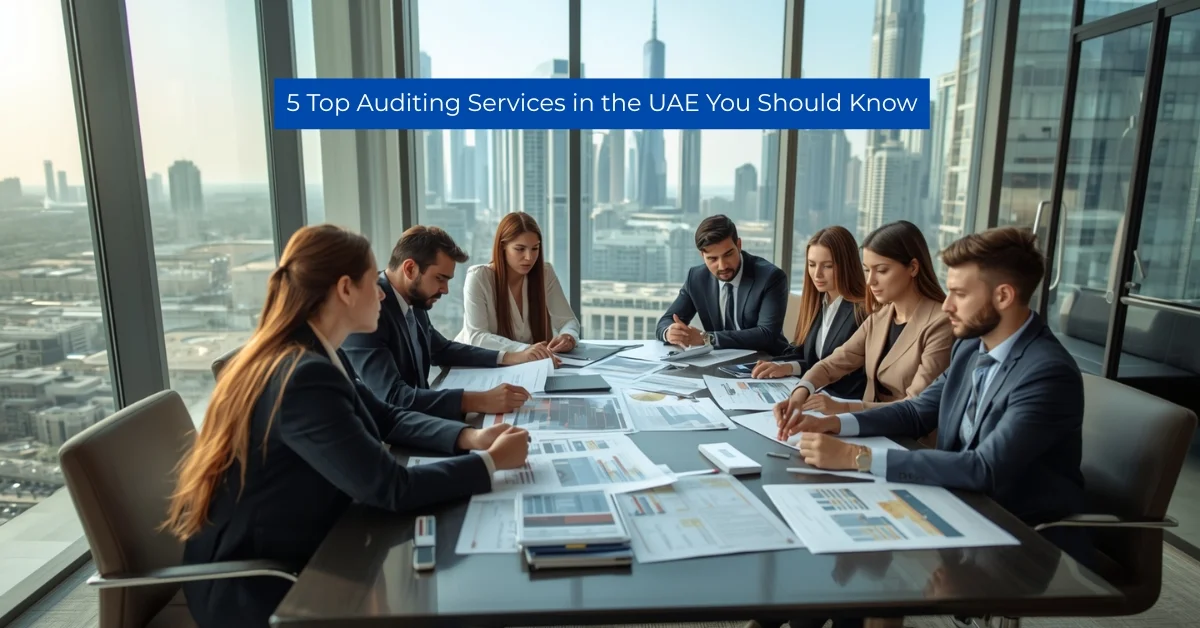 Image of Business professionals discussing auditing services in the UAE with financial reports in office