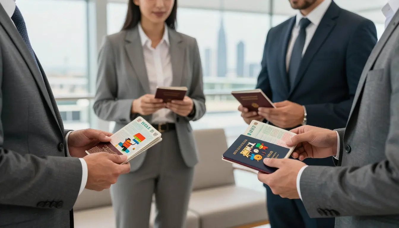 Image of business professionals holding passports with approved business visas for international corporate travel.