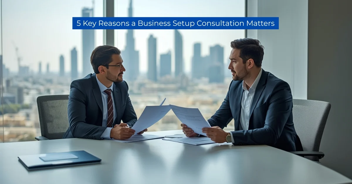 Image of a business setup consultation meeting in UAE office with an advisor and an entrepreneur.