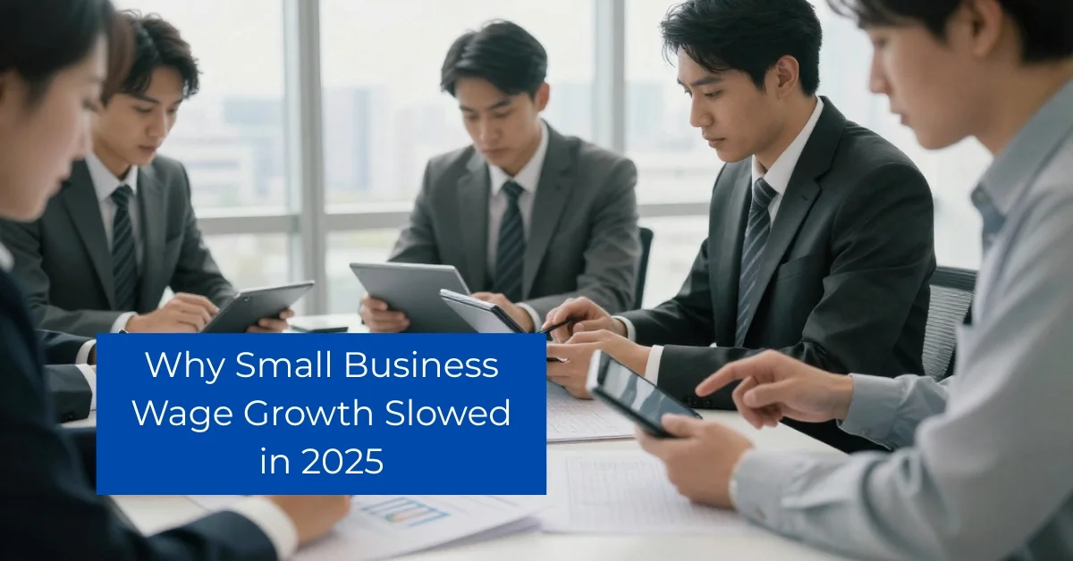 Small business owners reviewing business wage growth trends and payroll data in 2025
