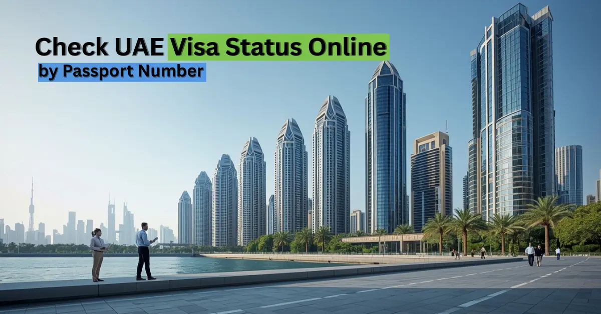 Guide for checking UAE visa status online by passport number featuring Dubai city skyline and palm trees.