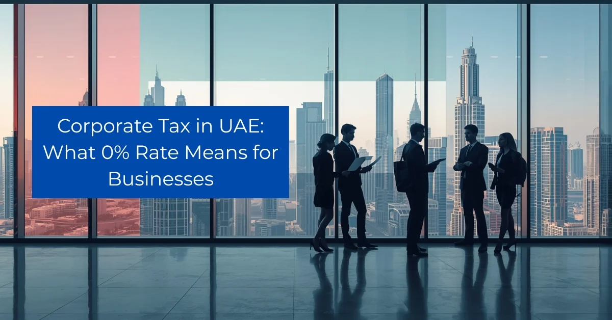 Business professionals discussing corporate tax rules in a Dubai office with city skyline.