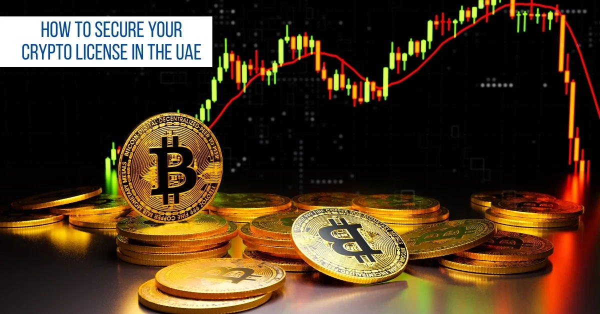 Image of Bitcoin coins with a stock market chart and text