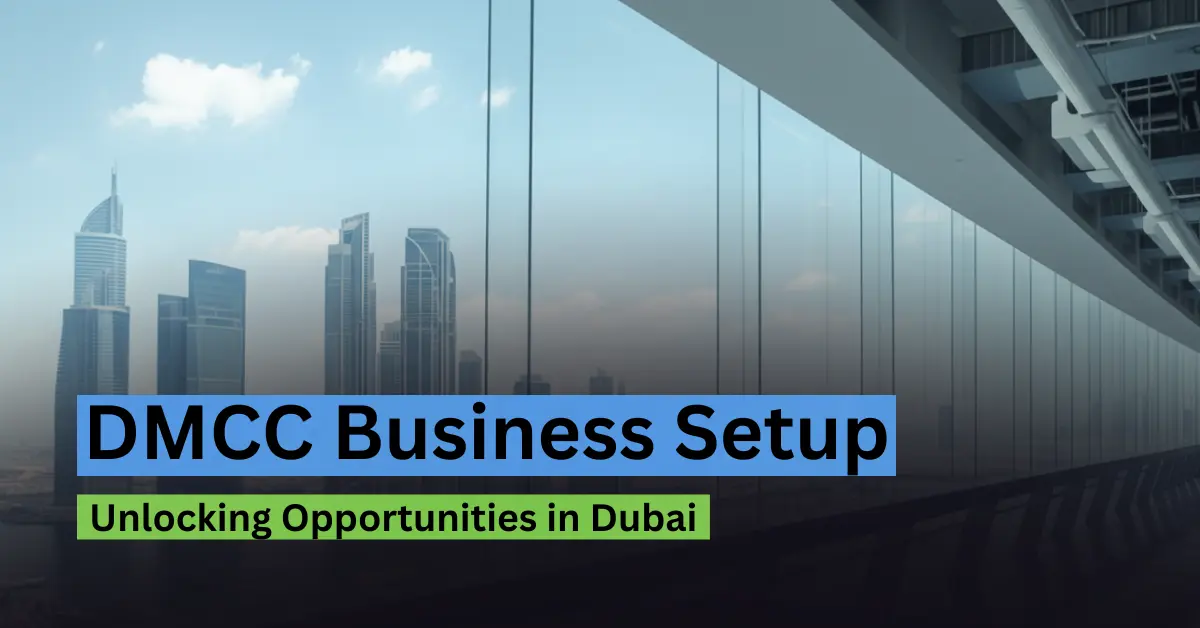 DMCC business setup in Dubai showing a modern office interior with Dubai skyline and commercial towers in the background