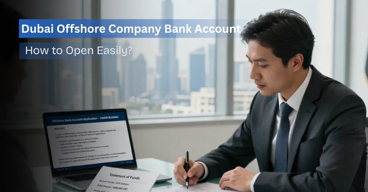 Businessman signing documents for a Dubai offshore company bank account application in a modern office, with laptop showing offshore bank account form and Dubai skyline in the background.