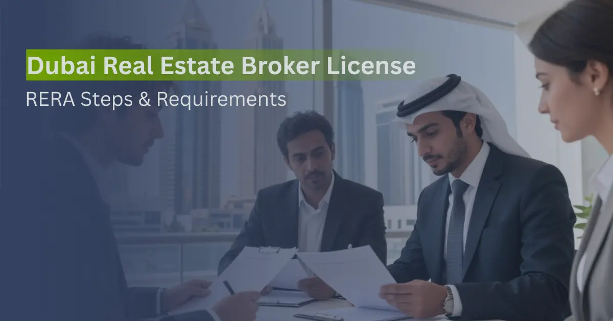 Professionals discussing Dubai real estate broker license RERA steps and requirements in a corporate office setting
