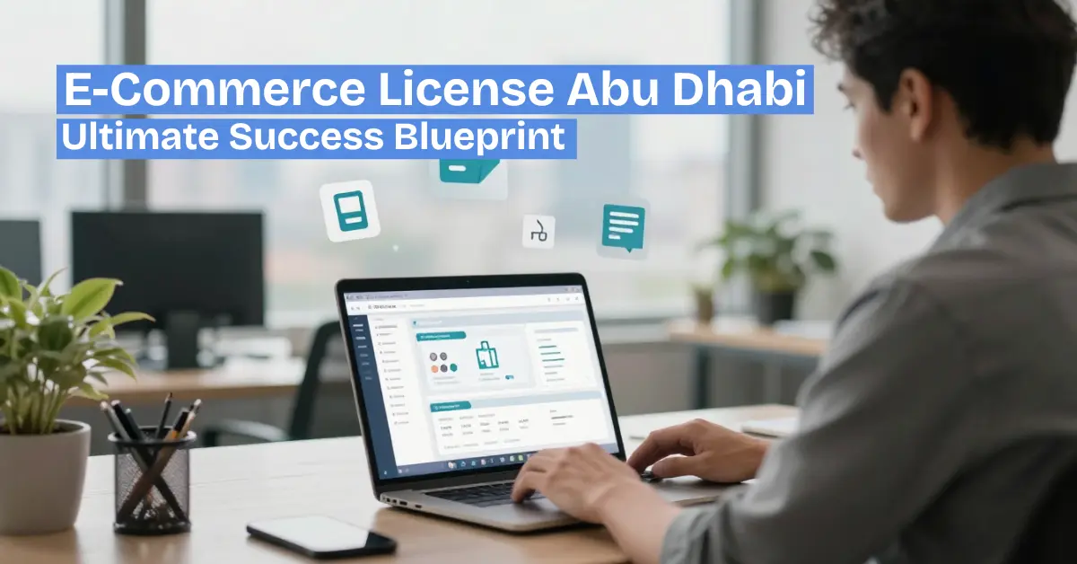 E-commerce license Abu Dhabi ultimate success blueprint showing a business owner working on an online store dashboard in a modern office