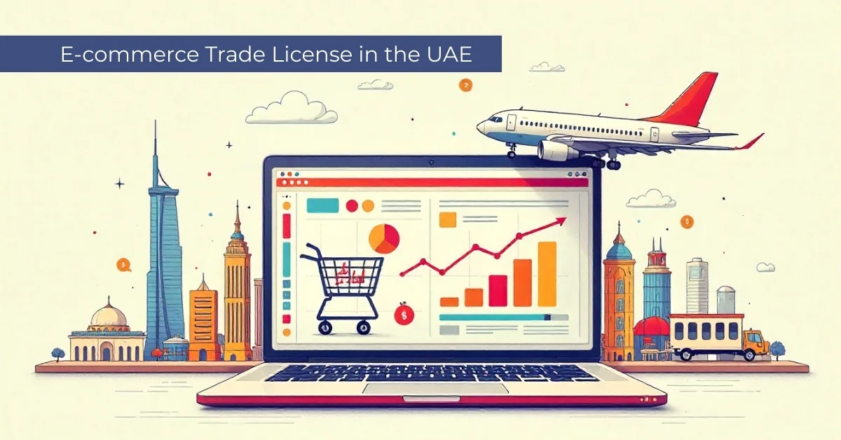 Laptop showing e-commerce analytics with Dubai skyline and airplane, representing UAE e-commerce trade license.