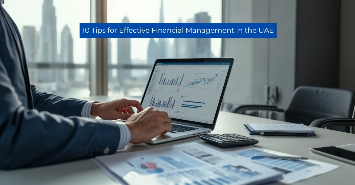 Image of Financial management in the UAE with business owner reviewing reports and cash flow data