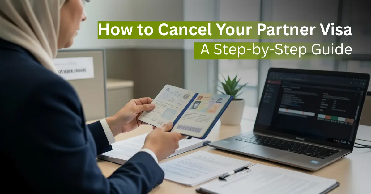 Realistic image showing cancellation of partner visa in UAE with passport, visa documents, and professional office setting