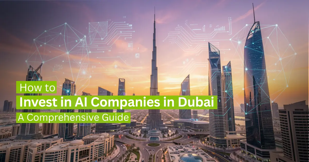 Futuristic Dubai skyline with AI data overlays representing investment opportunities in artificial intelligence companies.