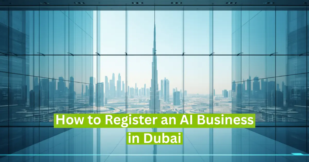 Modern office with glass windows overlooking Dubai skyline, illustrating how to register an AI business in Dubai