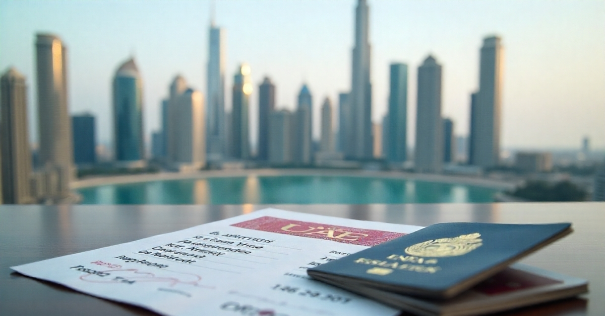 Residency visa application for the UAE featuring official documents and a passport overlooking the Dubai city skyline.