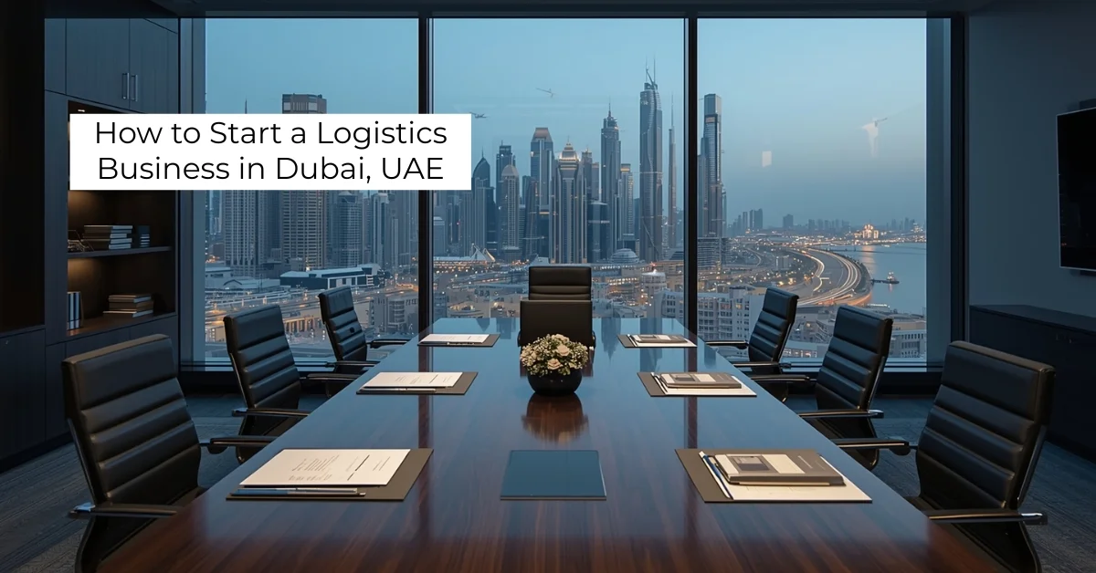 Image of a luxury conference room in Dubai with a view of illuminated skyscrapers and highways.