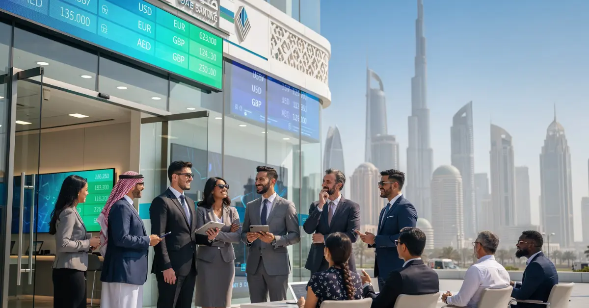 Corporate team discussing non-resident bank account options in front of a UAE banking center with real-time currency exchange displays.