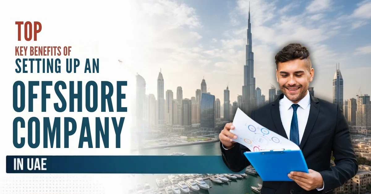 Image of a businessman reviewing documents with the Dubai skyline in the background for UAE offshore company formation benefits.