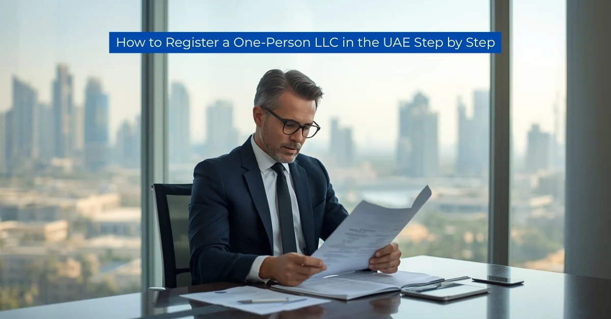 Image of a man in a suit reviewing documents at a desk with a Dubai skyline background and text about registering an LLC in the UAE.