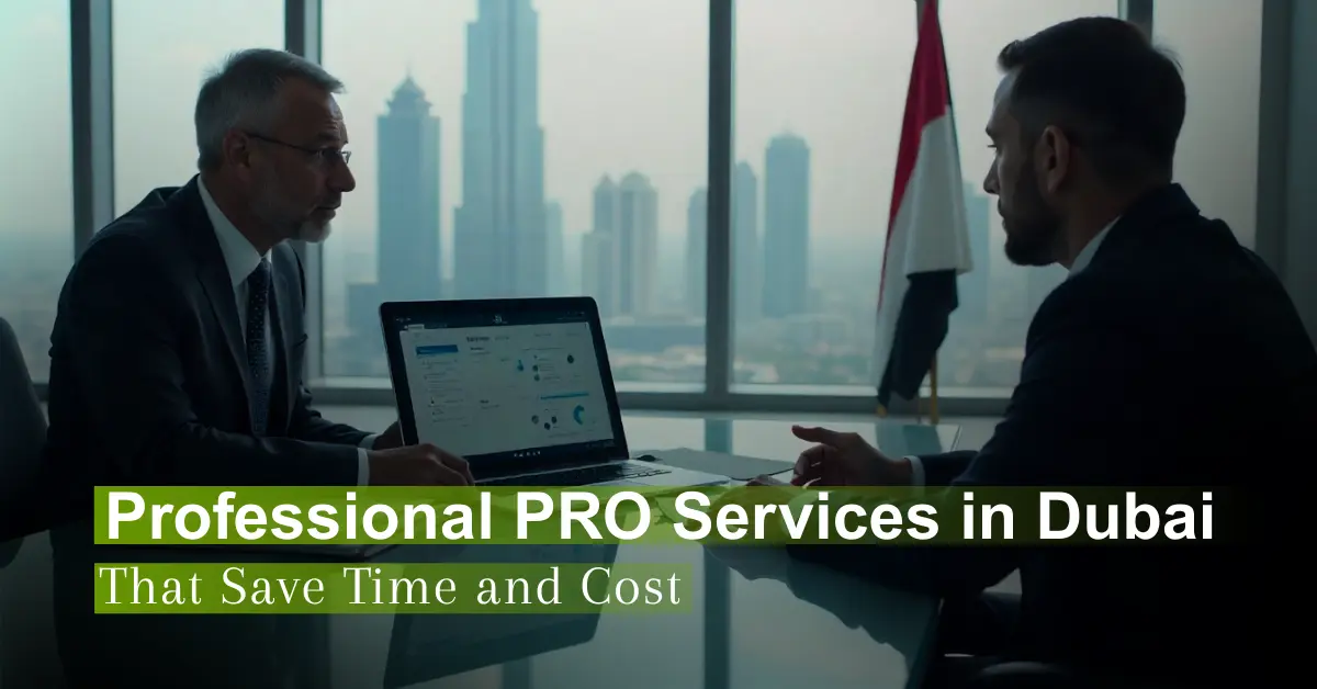 Business consultant explaining professional PRO services in Dubai to a client, showing visa and licensing dashboard on a laptop with Dubai skyline in the background, representing corporate compliance and government documentation support.