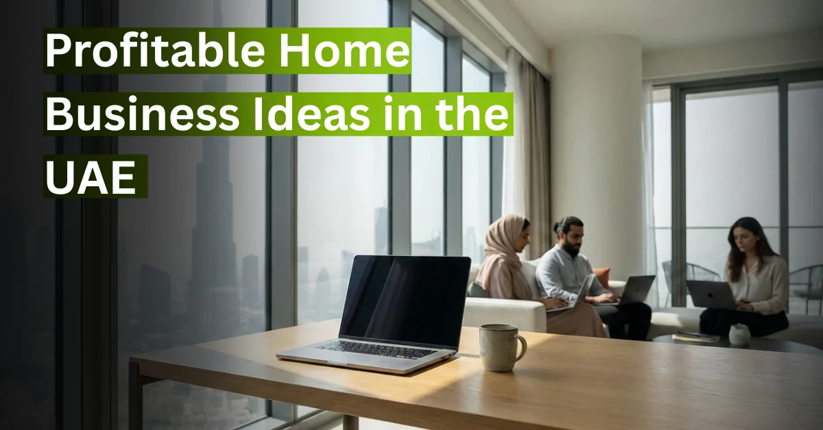 Profitable home business ideas in the UAE showing professionals working remotely in a modern apartment with laptops and city view