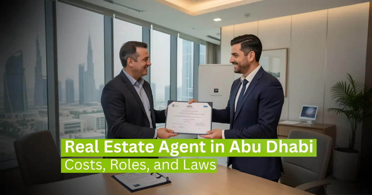 Licensed real estate agent in Abu Dhabi presenting an official property certificate in a modern office, highlighting real estate costs, roles, and legal compliance in the UAE.