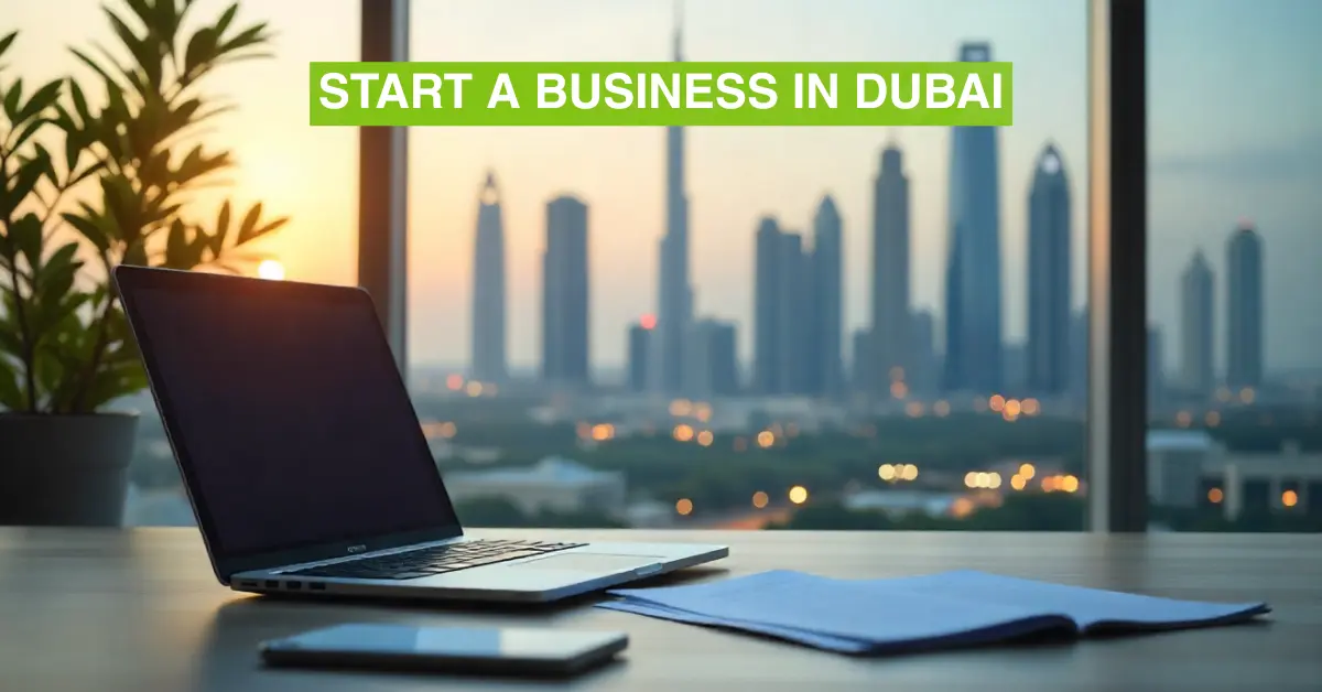 Cost to start a business in Dubai illustrated with laptop, documents, and Dubai skyline in the background