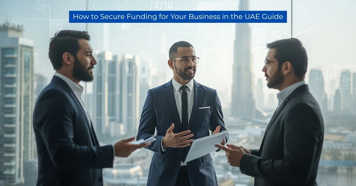 Image of three businessmen in suits discuss documents in a high-rise office overlooking the Dubai skyline, featuring the title "Secure Funding Guide."