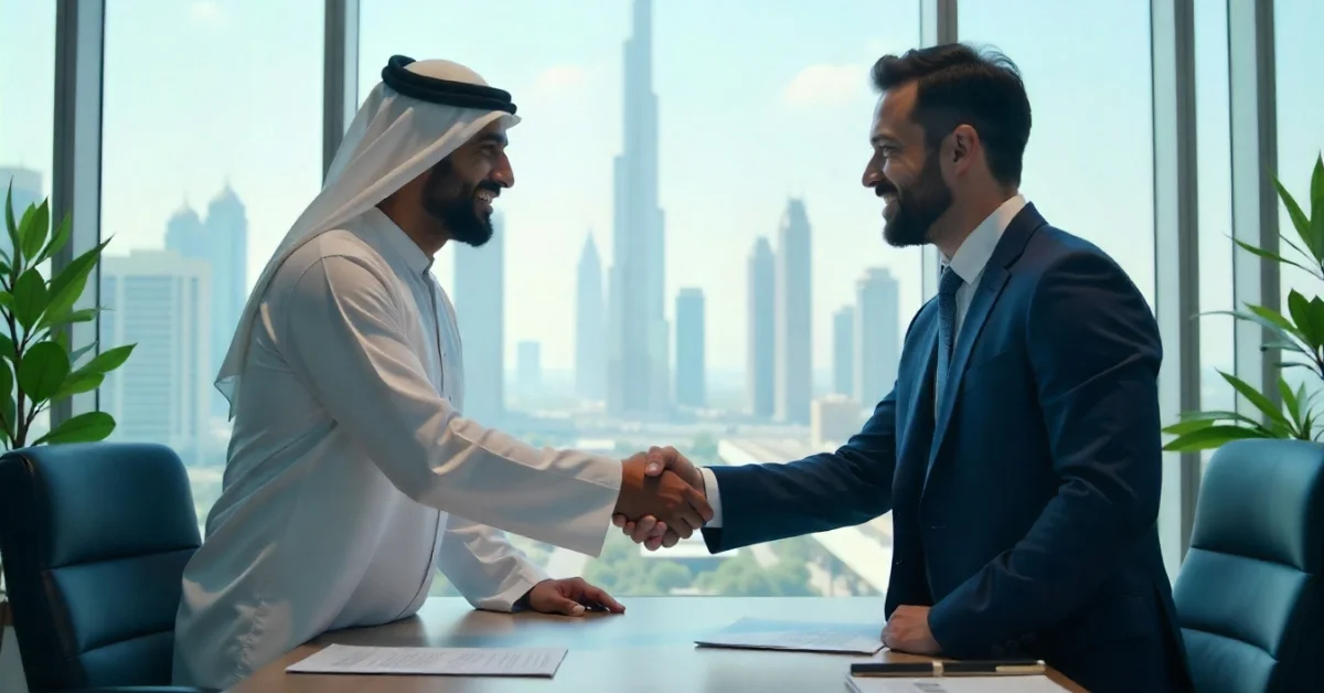Image of an Emirati man and a businessman shaking hands in a Dubai office with a skyline view.