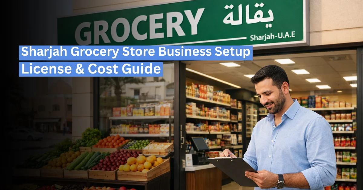 Modern grocery store in Sharjah with fresh produce display and owner reviewing paperwork for business setup and licensing.