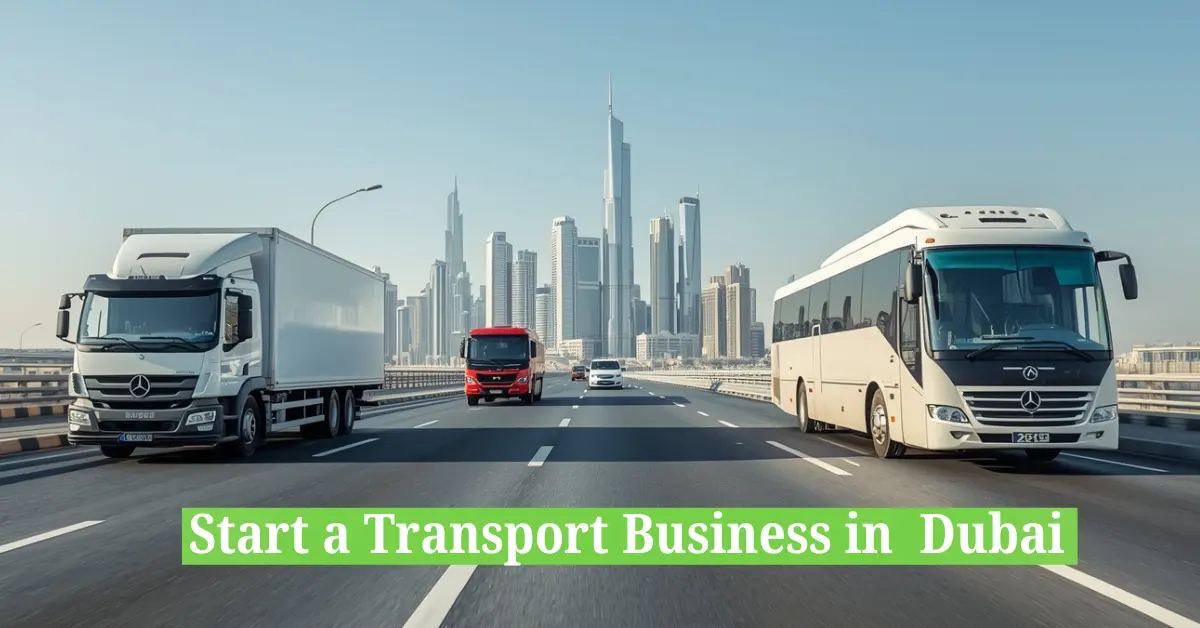 Commercial transport vehicles including trucks, delivery vans, and passenger buses operating on modern Dubai highways with the city skyline in the background.
