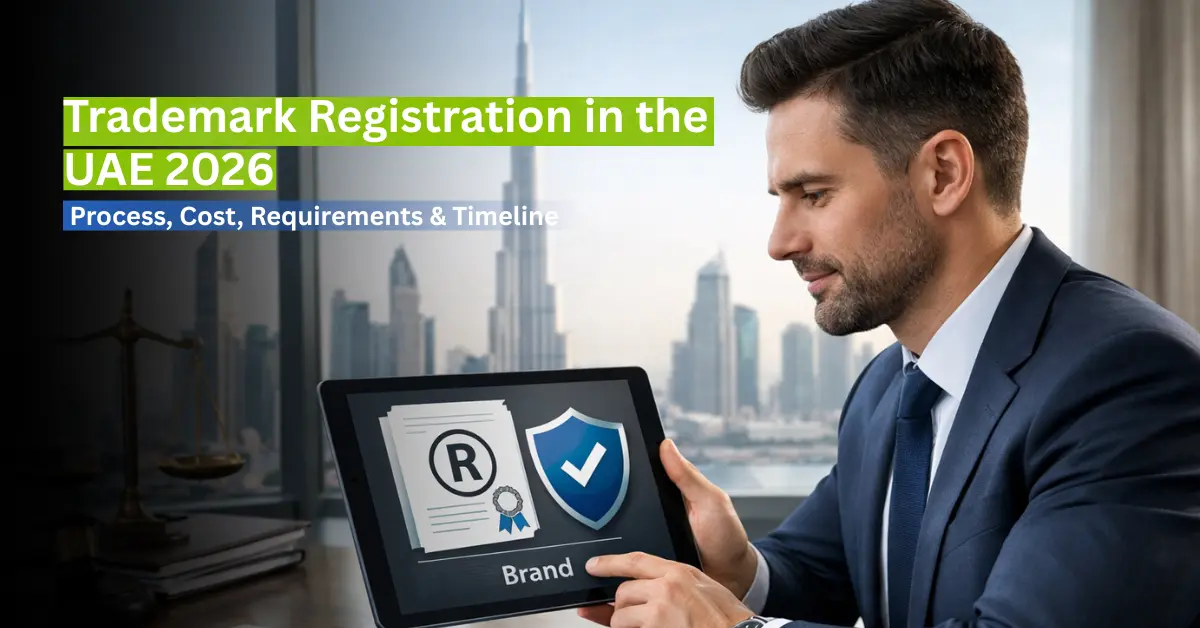 Trademark registration and brand protection concept in the UAE with legal and business elements