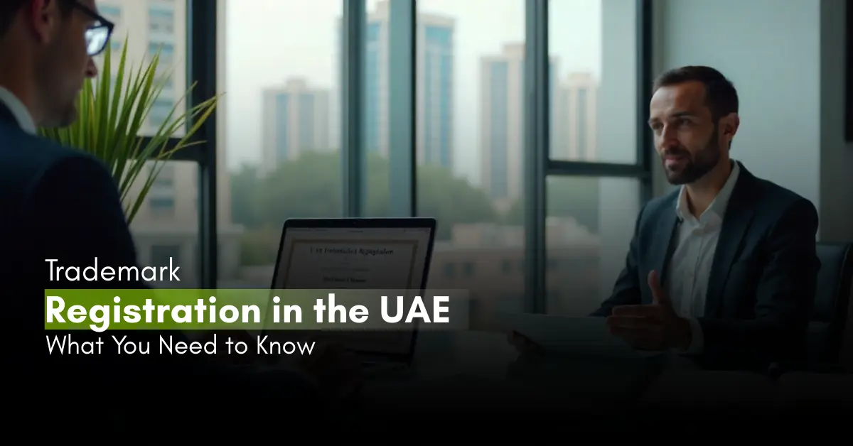 Trademark registration in the UAE consultation – trademark lawyer advising a business owner in a Dubai office, with laptop displaying trademark application and city skyline in the background.