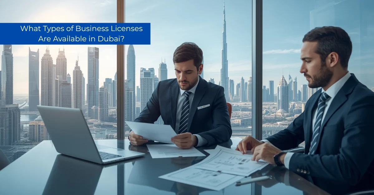 Image of two businessmen reviewing documents in a Dubai office regarding types of business licenses available in the UAE.