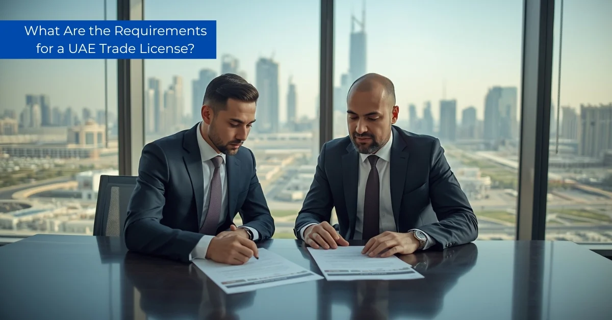 Image of two businessmen signing documents in an office overlooking a city skyline.