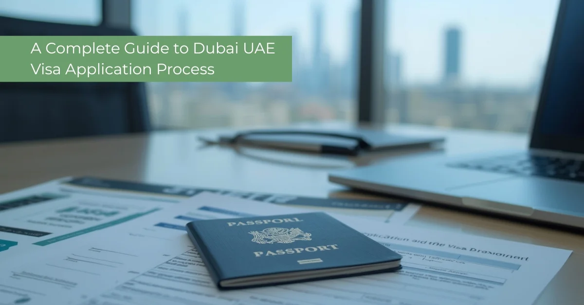 Image of an office scene showing Dubai, UAE, visa application documents and a passport.